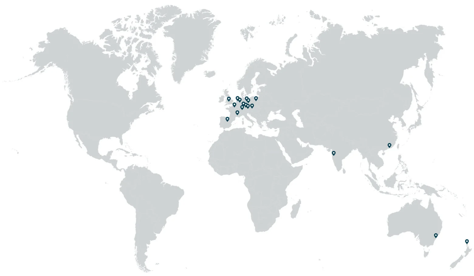 World map with location icons in Europe, Australia, New Zealand and India