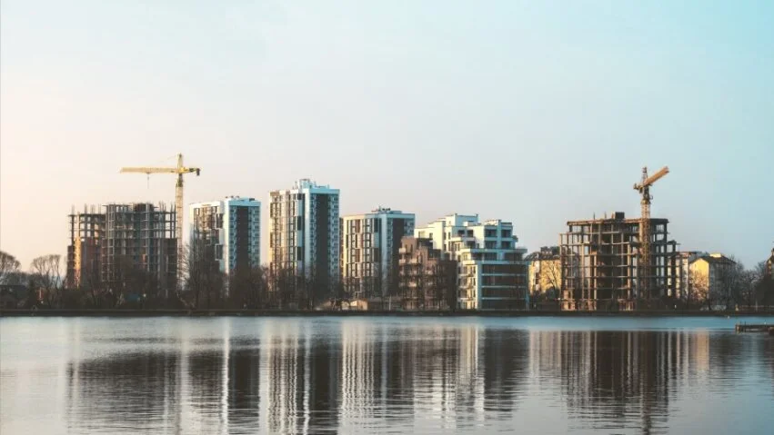 Skyscrapers under construction on the waterfront