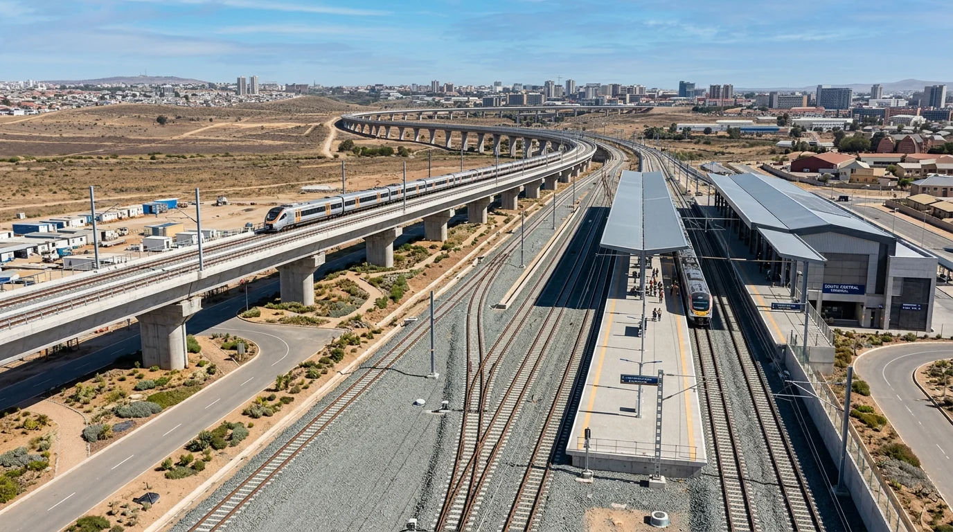 Aerial view of a railway station and elevated rail line