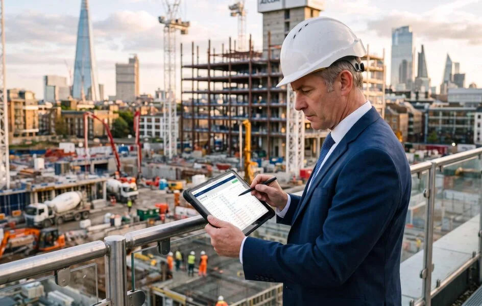 Construction manager reviewing project data on a tablet at an urban construction site