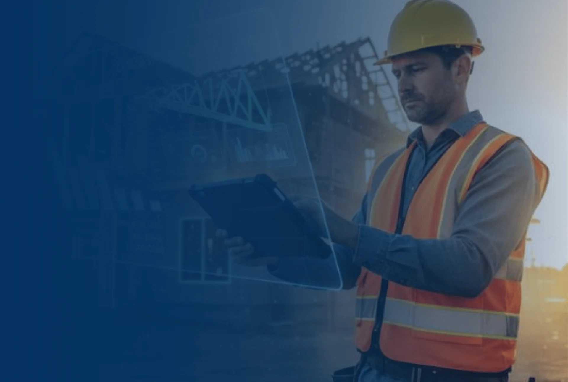 Construction professional using a tablet on a construction site