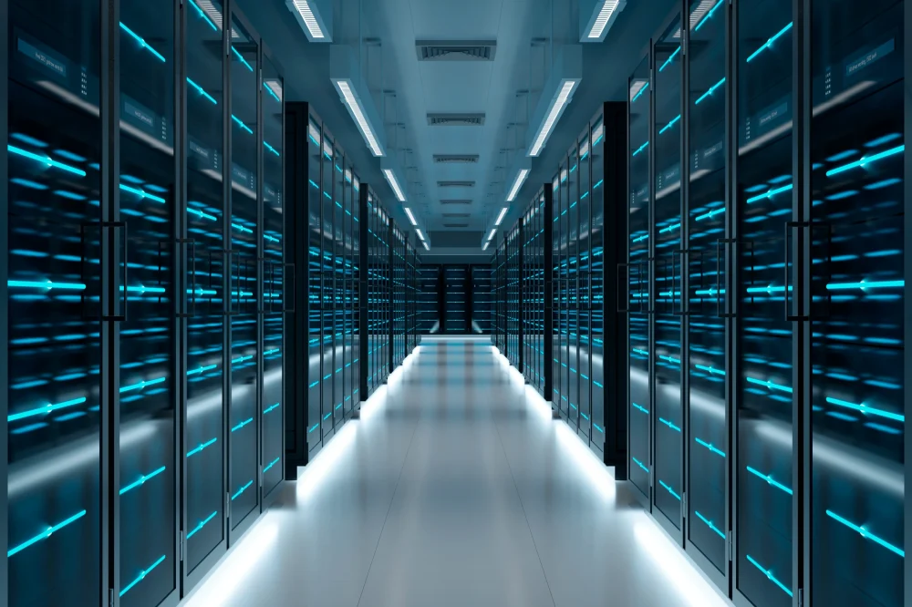Looking down a data storage centre
