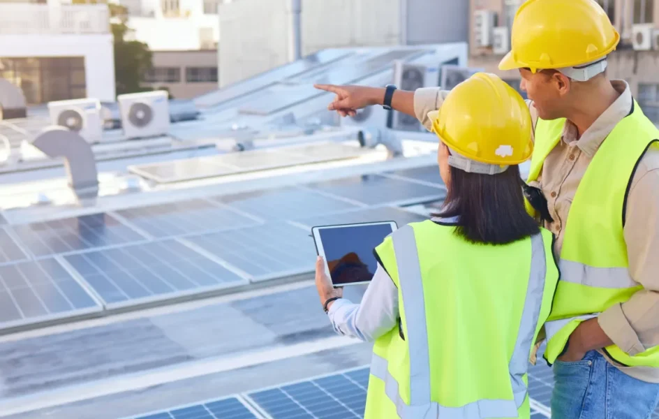 Construction professionals using a tablet